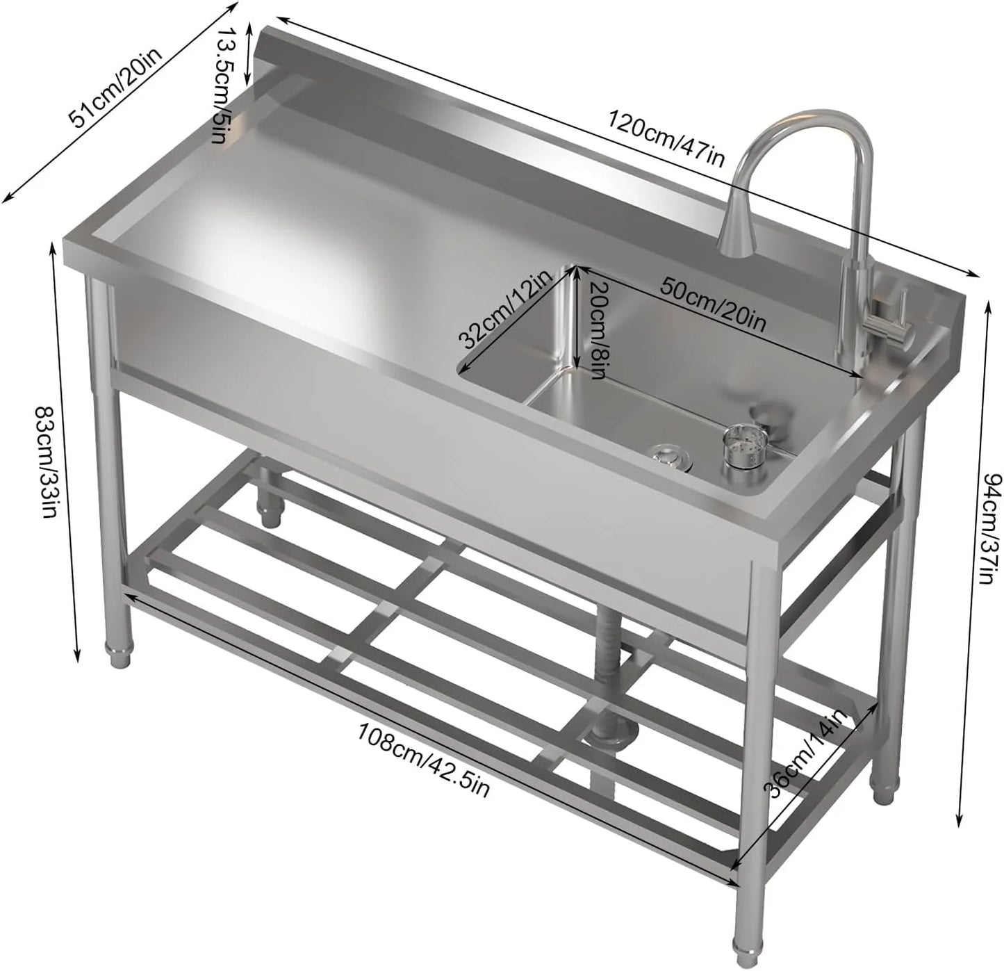 TROPOW 24x20x42 Inch Stainless Steel Utility Sink, Freestanding Single Bowl with Cold and Hot Water Pipe and Faucet, Commercial Sink Kitchen Sink for Restaurant Laundry Room Bathroom Garage Garden