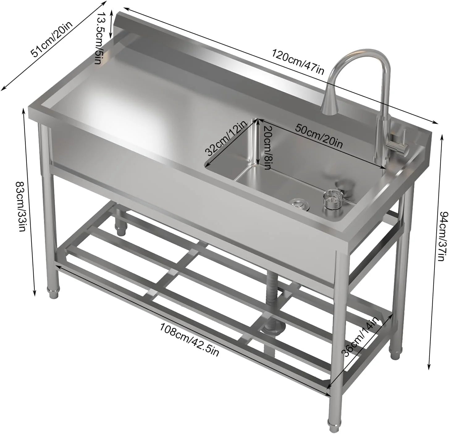 TROPOW 24x20x42 Inch Stainless Steel Utility Sink, Freestanding Single Bowl with Cold and Hot Water Pipe and Faucet, Commercial Sink Kitchen Sink for Restaurant Laundry Room Bathroom Garage Garden