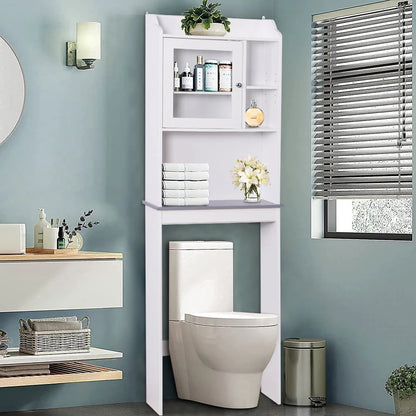 SESSLIFE Bathroom Storage Toilet Space Saver with Shelves and Doors, Modern Over The Toilet Space Saver Organization Wood Storage Cabinet for Home, Bathroom, White