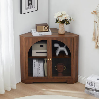 Mid Century Modern Corner Cabinet, Freestanding Curved Corner Storage Shelf with Doors and Adjustable Shelves, Farmhouse Storage Cabinet for Living Room Kitchen Bathroom (Walnut)