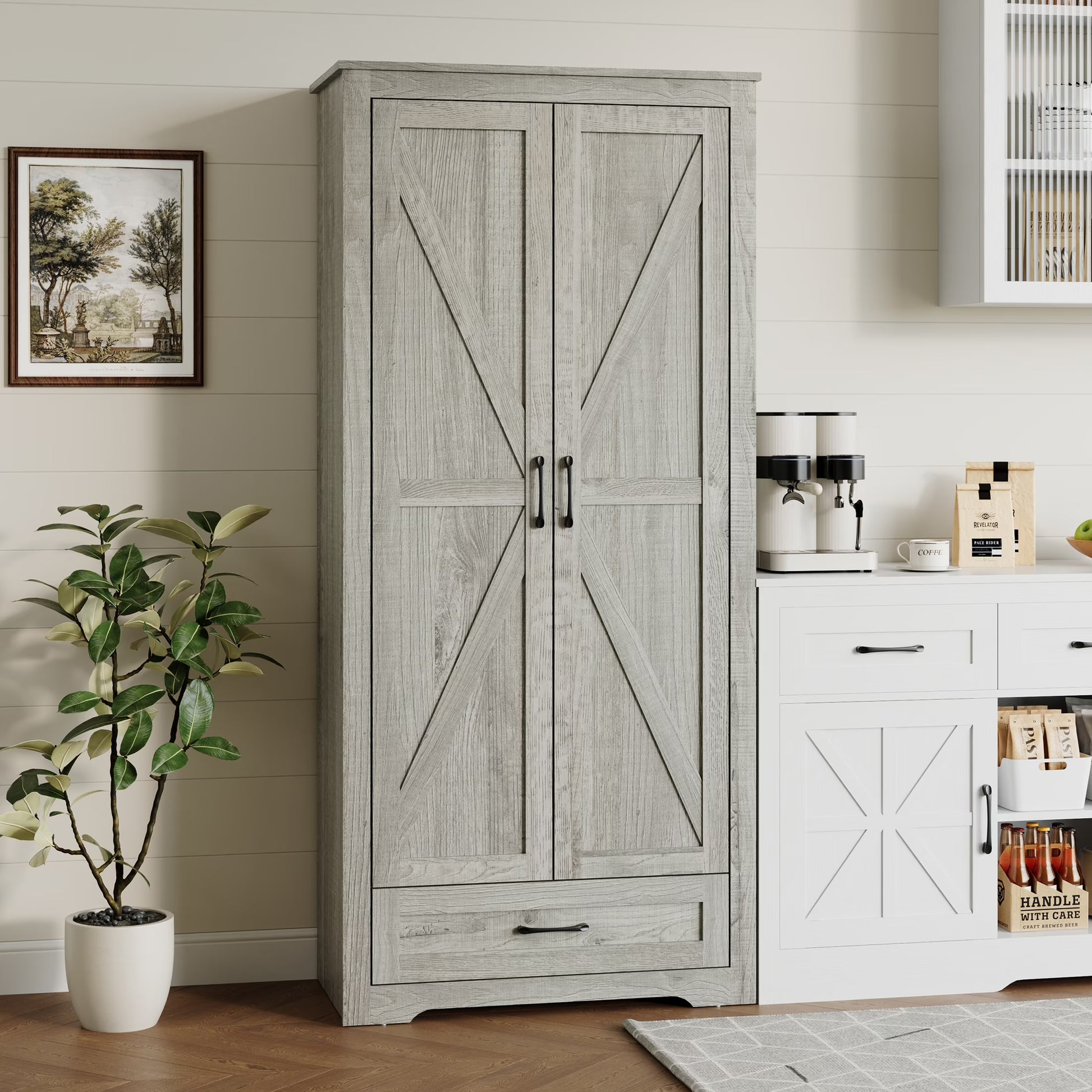 YouTrend 69" Tall Kitchen Pantry,Farmhouse Storage Cabinet with 2 Barn Doors 4 Adjustable Shelves and Large Drawer for Dining Room,Living Room,Bathroom,White