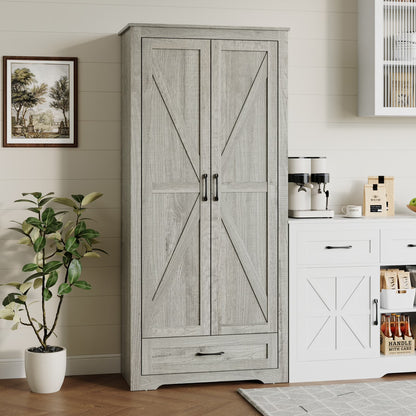 YouTrend 69" Tall Kitchen Pantry,Farmhouse Storage Cabinet with 2 Barn Doors 4 Adjustable Shelves and Large Drawer for Dining Room,Living Room,Bathroom,White