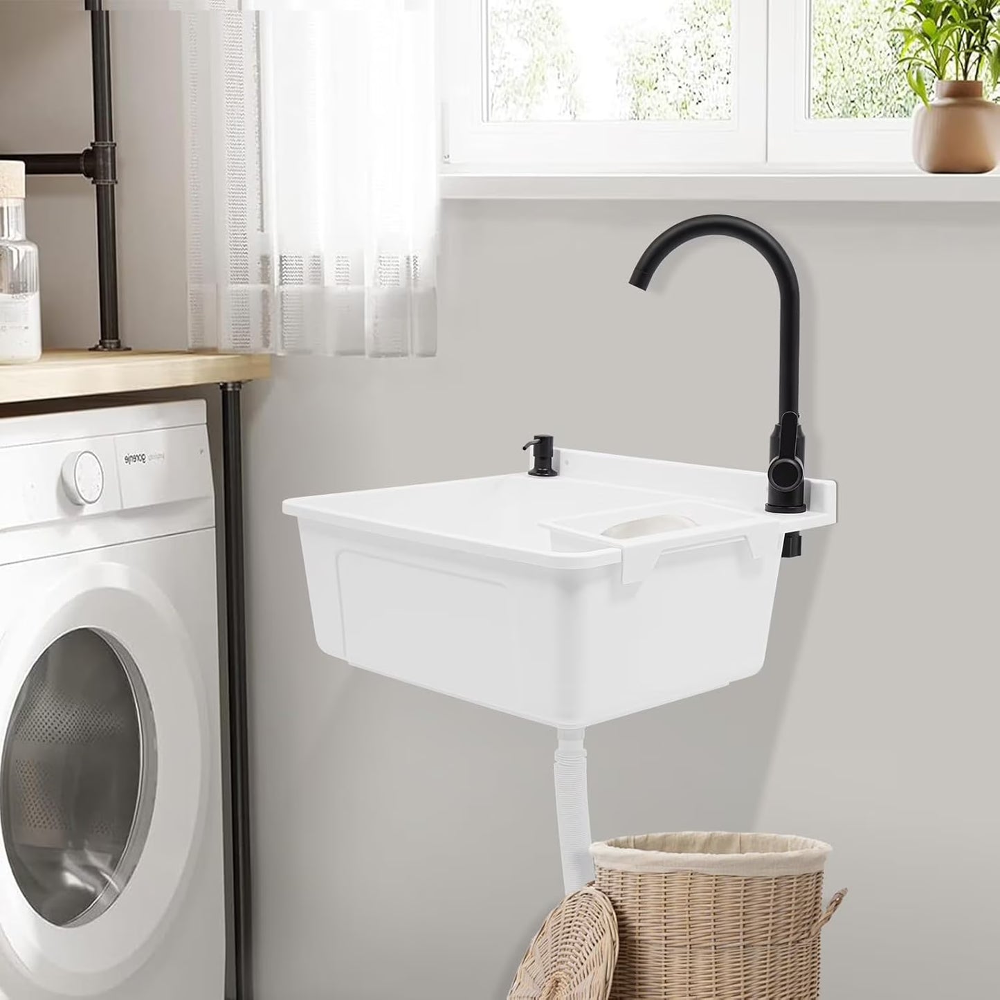 Wall-Mounted Utility Sink Tub Kit with Aluminum Alloy Faucet and Soap Box,Black Anti-clogging Laundry Sink for Bathrooms, Sundry Rooms, Garages(White)