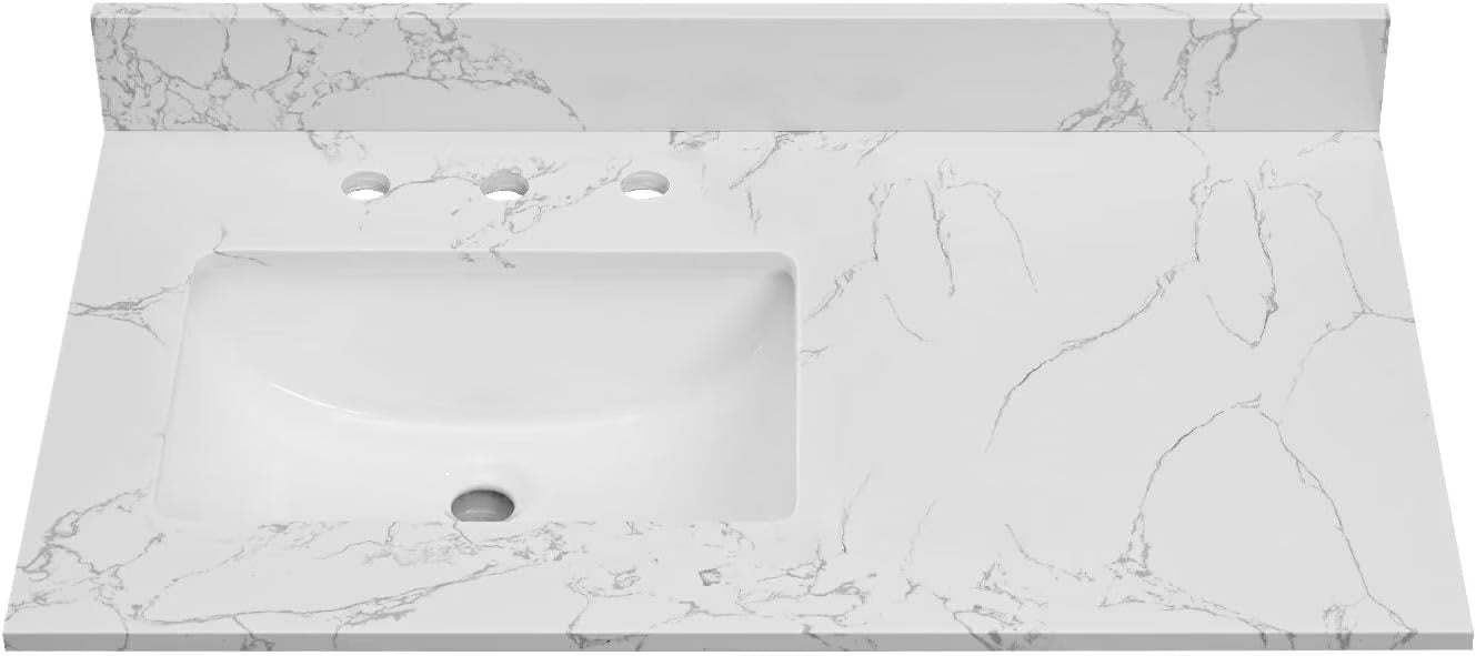 36x22 Engineered Stone Vanity Sink Top, White Bathroom Countertop with Undermount Left Sink, Vanity Top with 8 inch 3 Faucet Hole Spacing and Backsplash