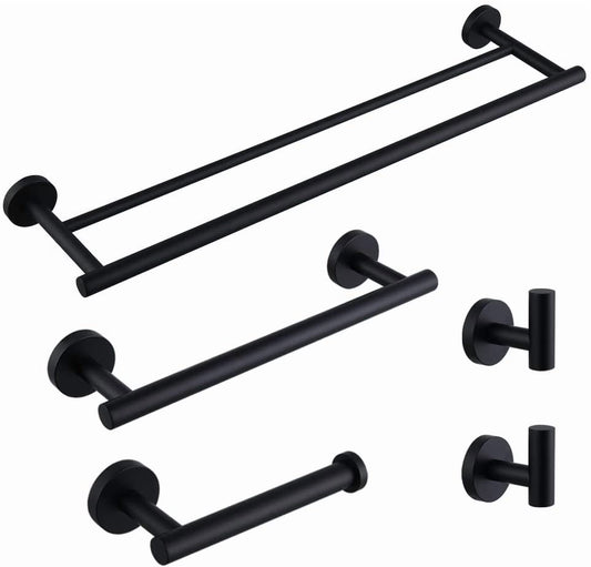 Matte Black Bathroom Accessories Kit 5-Pieces Bathroom Hardware Set Wall Mounted - Includes 24" Double Towel Bar, 12" Hand Towel Bar, Toilet Paper Holder, 2X Robe Towel Hooks …
