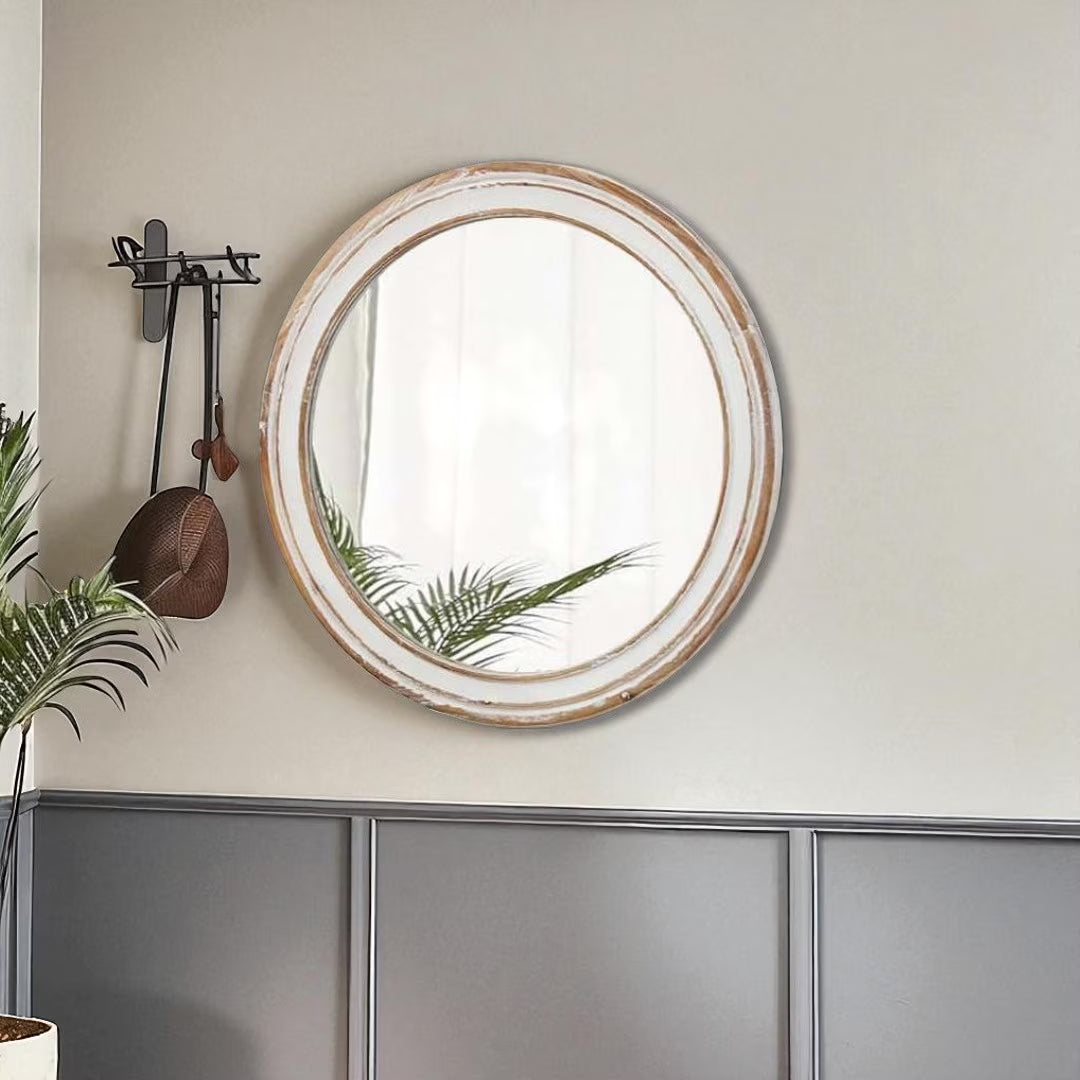 GZXS Farmhouse Round Wall Mirror with Antique Natural Finished Wood Frame, 35.4 Inches Rustic Decorative Mirror for Bathroom Vanity, Bedroom, Living Room, Entryway