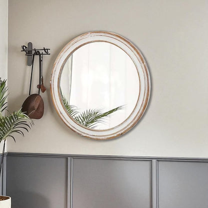 GZXS Farmhouse Round Wall Mirror with Antique Natural Finished Wood Frame, 35.4 Inches Rustic Decorative Mirror for Bathroom Vanity, Bedroom, Living Room, Entryway