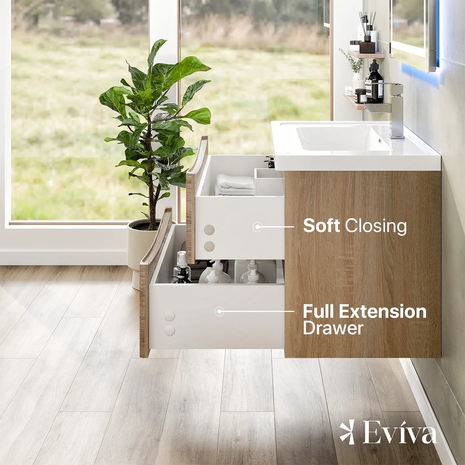 Eviva Smile 30" White Oak Wall Mount Modern Bathroom Vanity w/ White Integrated Top