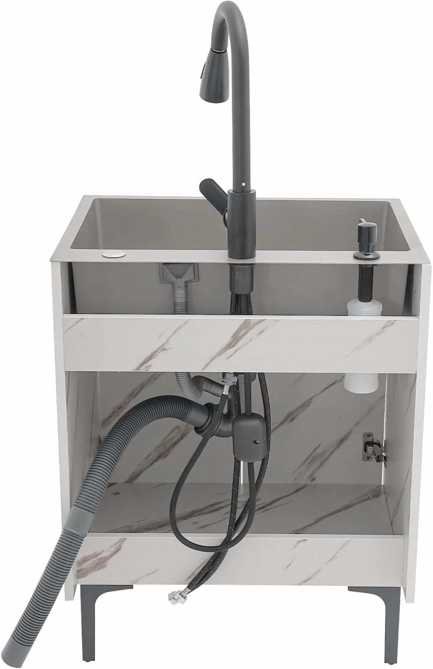 Laundry Sink Cabinet with Pull-Down Faucet Stainless Steel Utility Sink for Laundry Utility Room Bathroom Vanity Sink Cabinet with 2 Doors for Kitchen Outdoor (White)