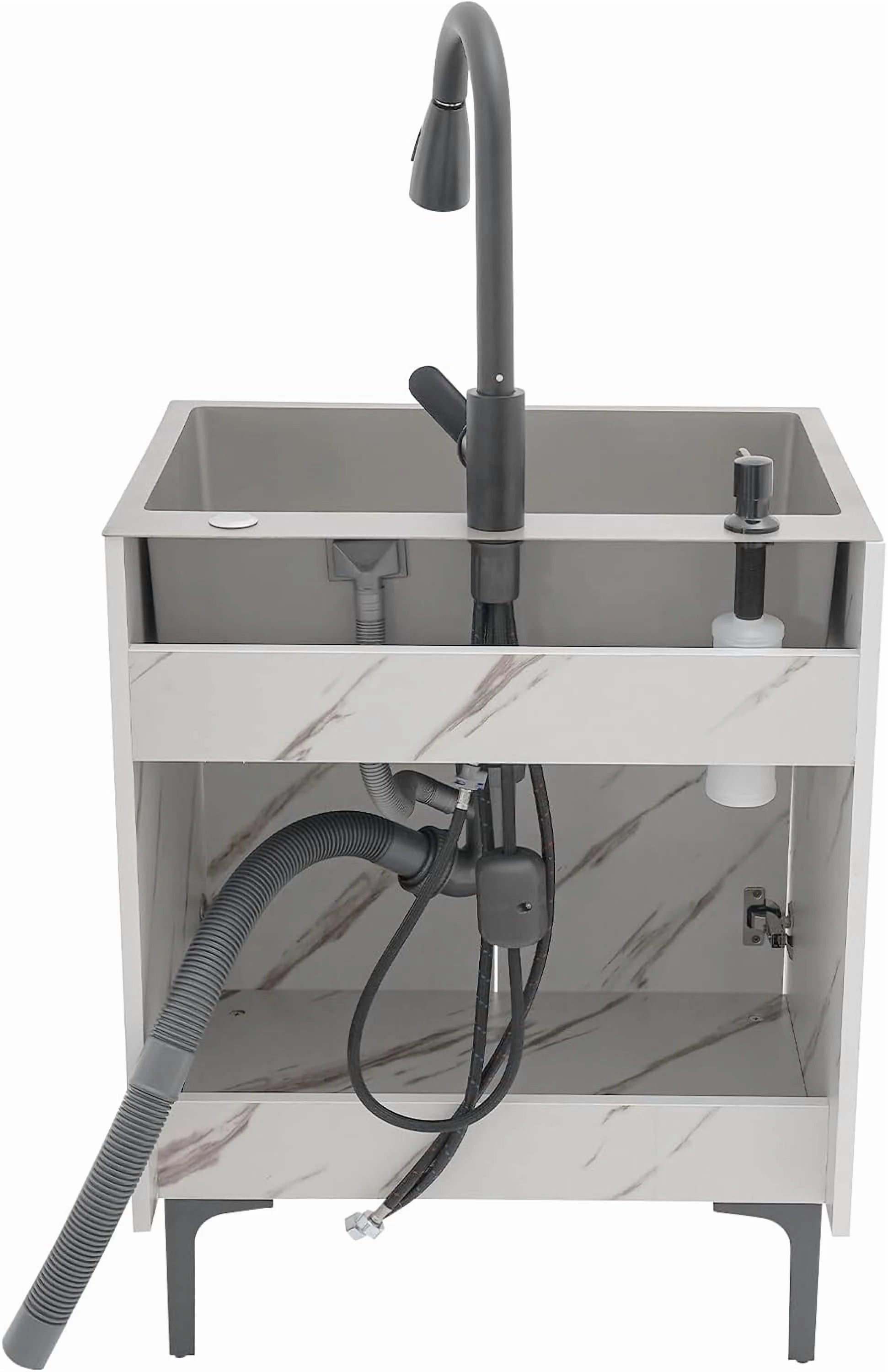 Laundry Sink Cabinet with Pull-Down Faucet Stainless Steel Utility Sink for Laundry Utility Room Bathroom Vanity Sink Cabinet with 2 Doors for Kitchen Outdoor (White)