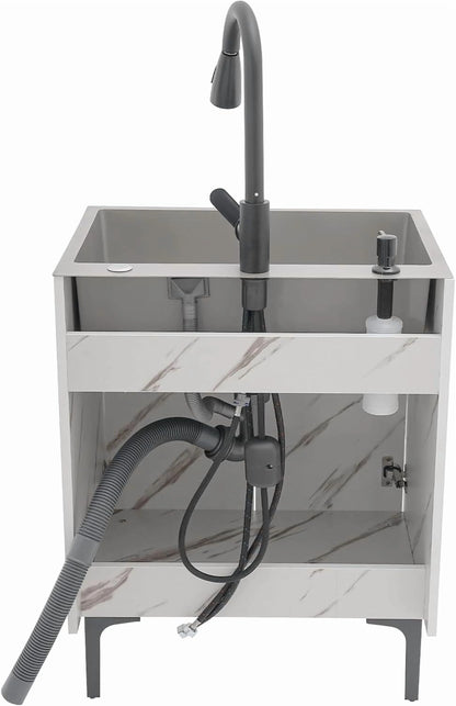 Laundry Sink Cabinet with Pull-Down Faucet Stainless Steel Utility Sink for Laundry Utility Room Bathroom Vanity Sink Cabinet with 2 Doors for Kitchen Outdoor (White)