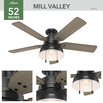 Hunter - Mill Valley Indoor/Outdoor Low Profile Ceiling Fan With Light, 52-inch, Matte Black, Rustic-style, 3-speed WhisperWind Motor, 59310, for porches, patios, sunrooms, bathrooms