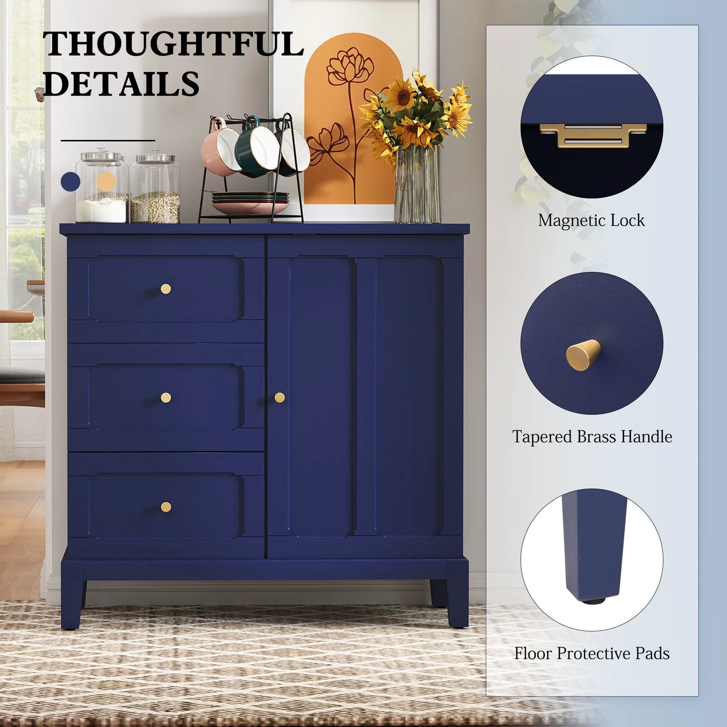 CBJCBJ 31.7"Storage Cabinet, Classical 3 Drawers & 1 Door Design with Gold-Tone Handles, Multi-Use Organizer for Living Room, Kitchen, Bathroom��BLUE)