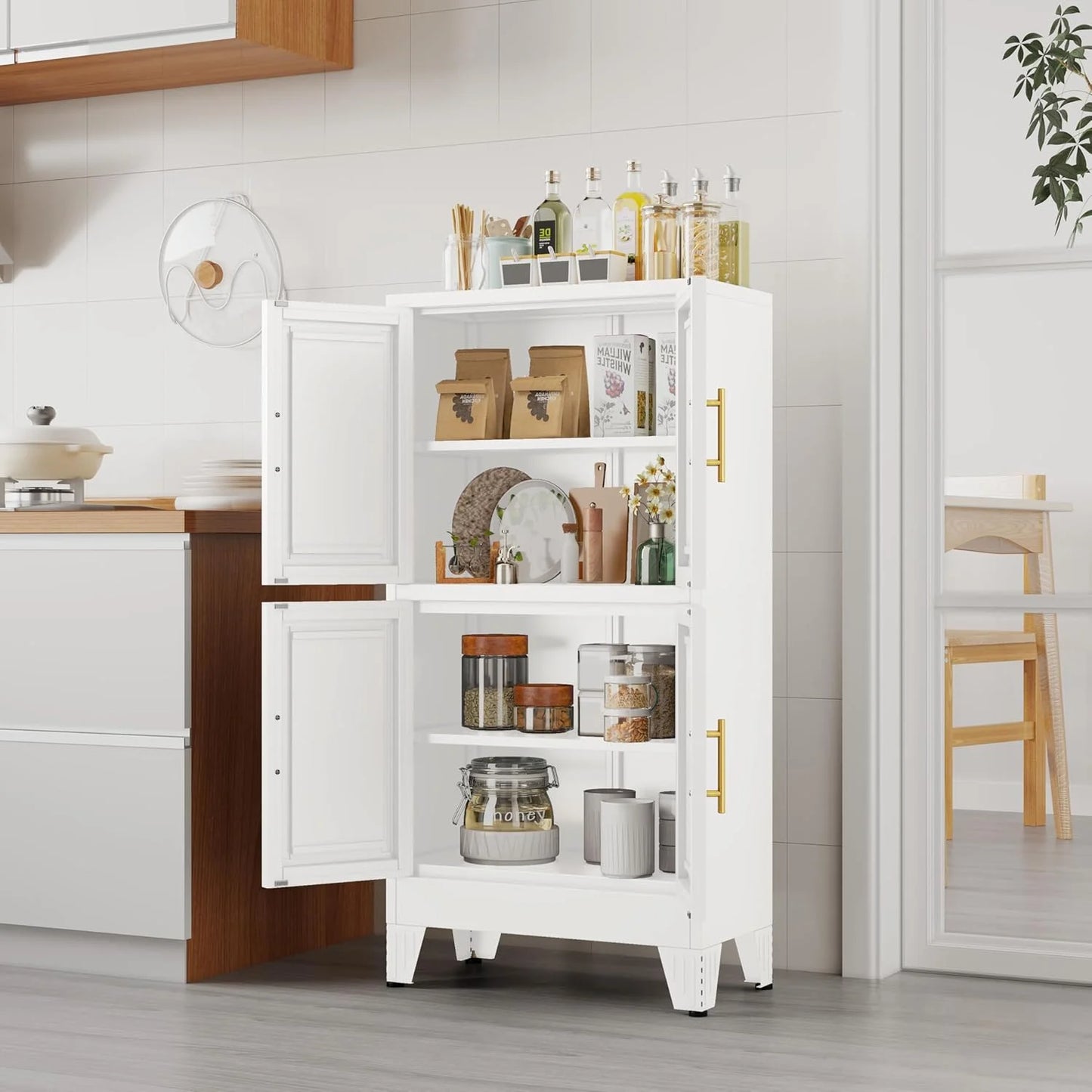 47.25" Metal Pantry Cabinet, Storage Cabinets with 4 Door and 2 Adjustable Shelves, White Bathroom Cabinet, Freestanding Cupboard for Kitchen Dining Living Room Bathroom