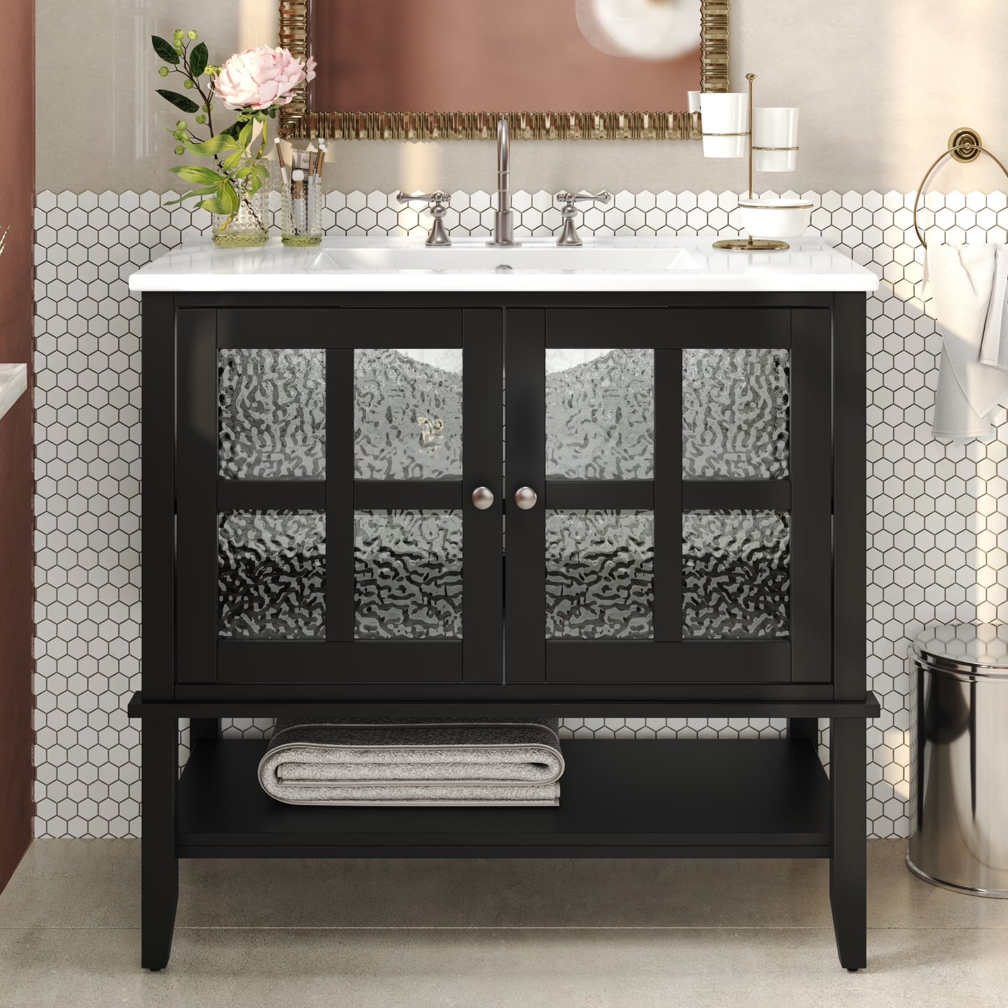 Christopher Knight Home 36" Bathroom Vanity with Sink, Textured Glass Doors, Open Shelf, White