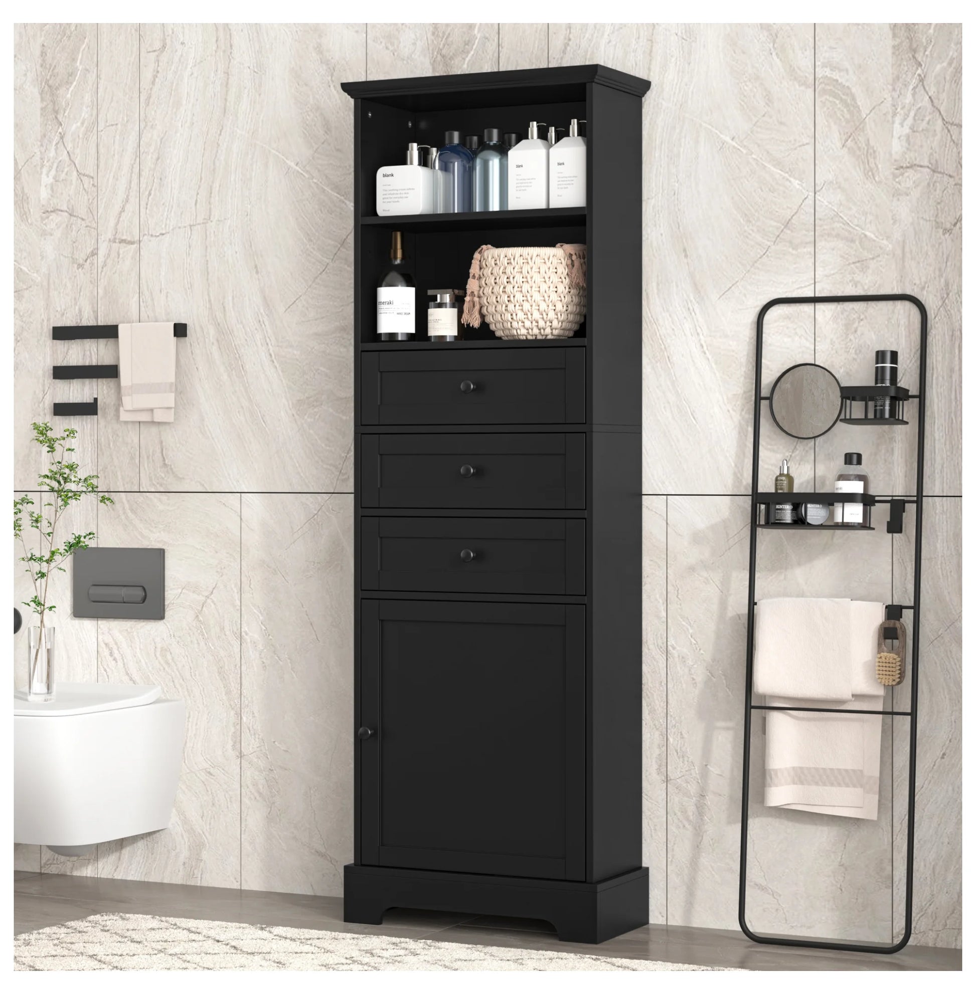 Black Tall Storage Cabinet with 3 Drawers and Adjustable Shelves for Bathroom, Study, Office and Interior, MDF Board with Painted Finish Black + MDF