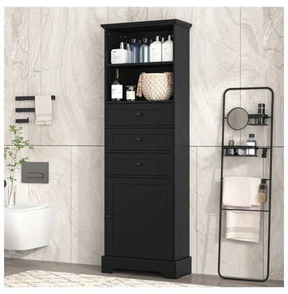 Black Tall Storage Cabinet with 3 Drawers and Adjustable Shelves for Bathroom, Study, Office and Interior, MDF Board with Painted Finish Black + MDF