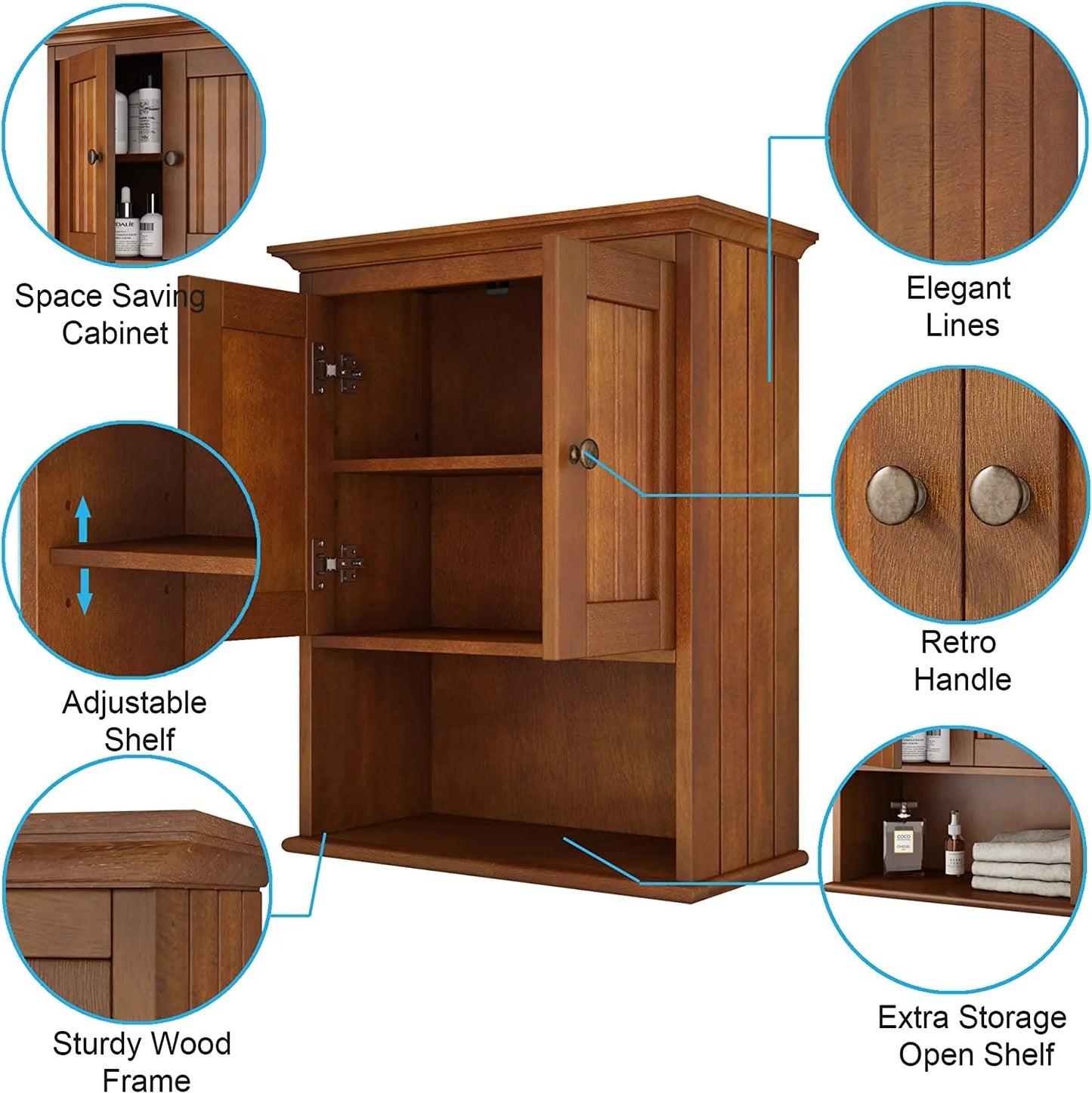 Wood Wall Cabinet, Bathroom Medicine Cabinet Storage with Doors and Adjustable Shelf, Rustic Cabinet Wall Mounted for Bathroom, Living Room, Kitchen, Yellow