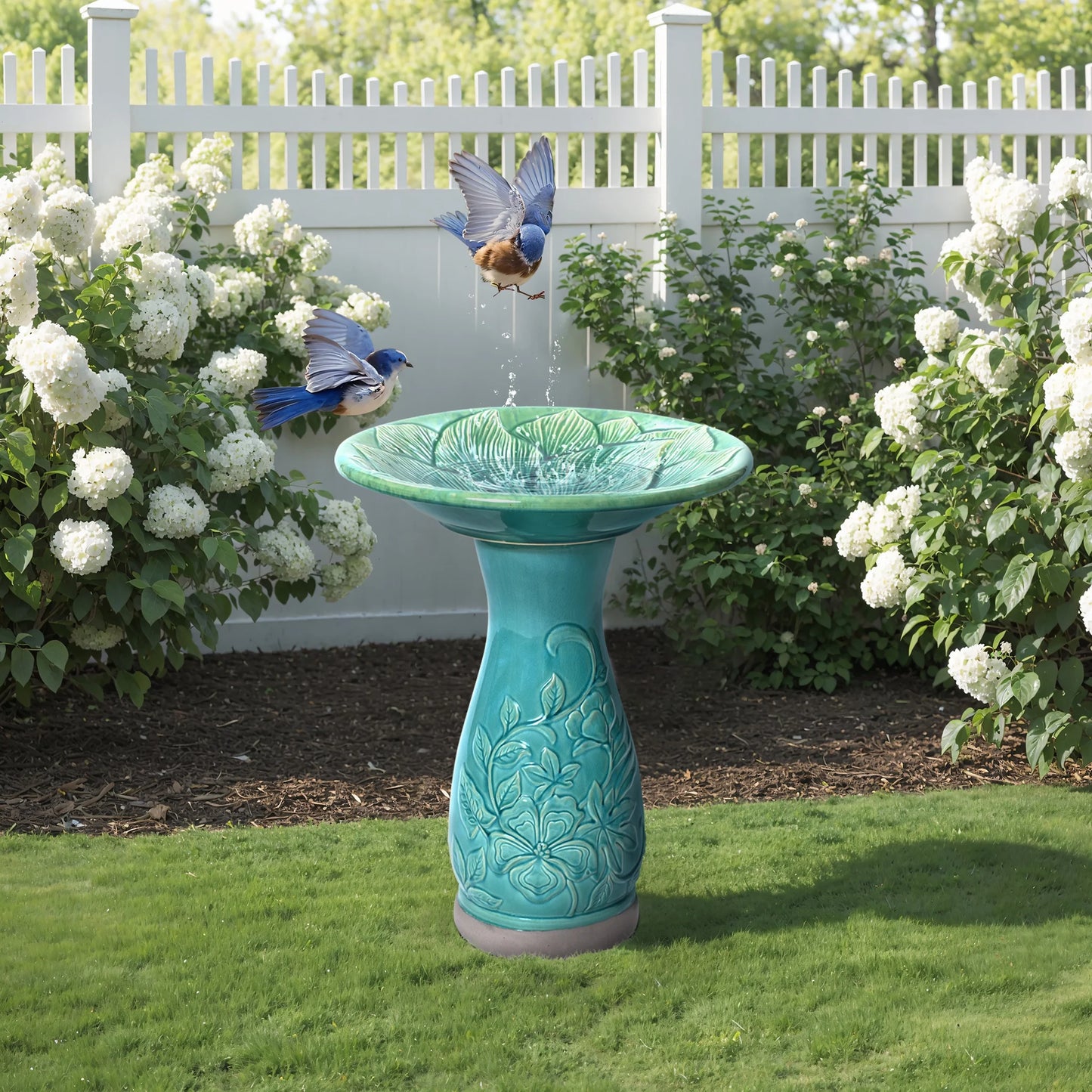 LuxenHome 23 Inch Ceramic Bird Bath for Outside, Elegant Tall Outdoor BirdBath with Floral Embossed Design