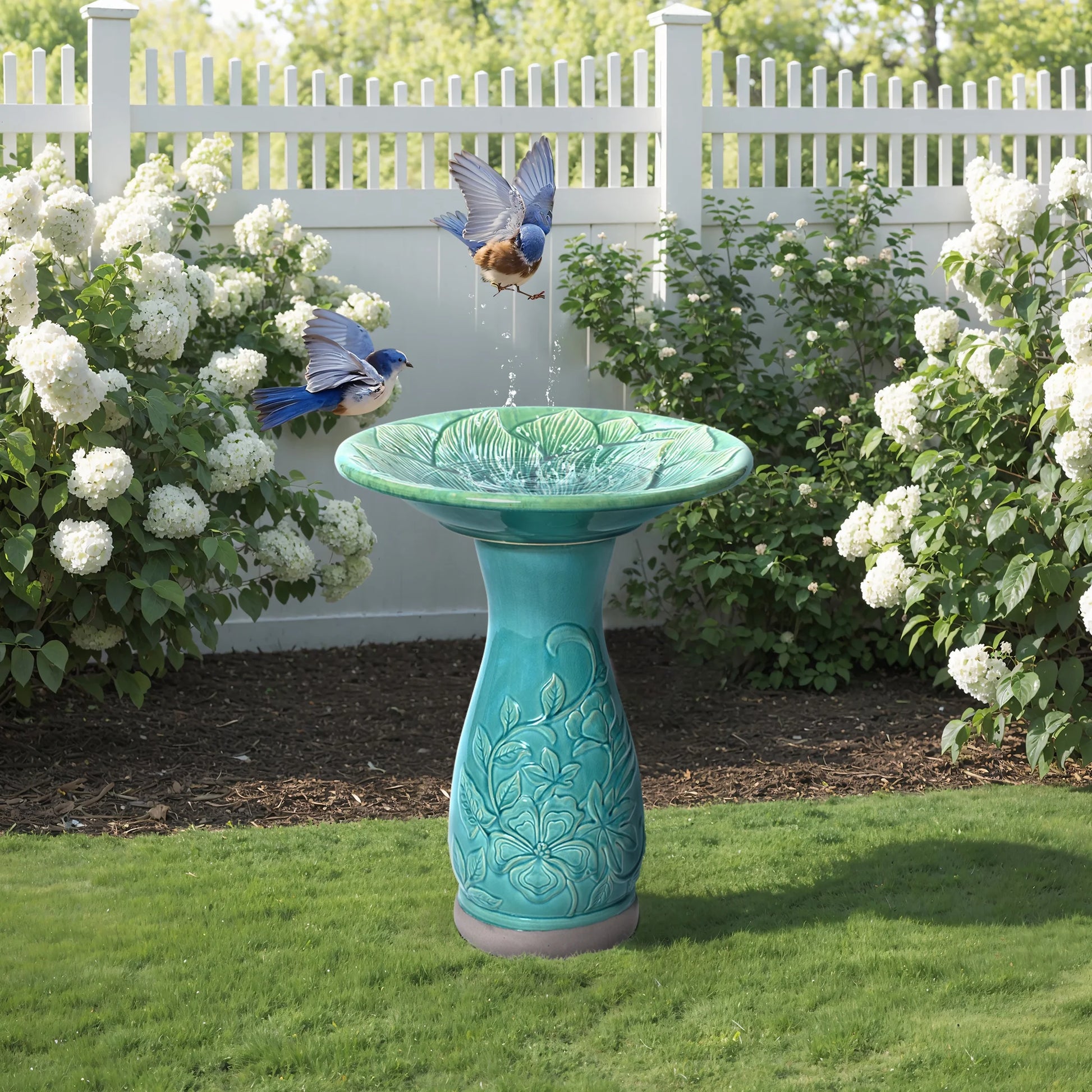 LuxenHome 23 Inch Ceramic Bird Bath for Outside, Elegant Tall Outdoor BirdBath with Floral Embossed Design
