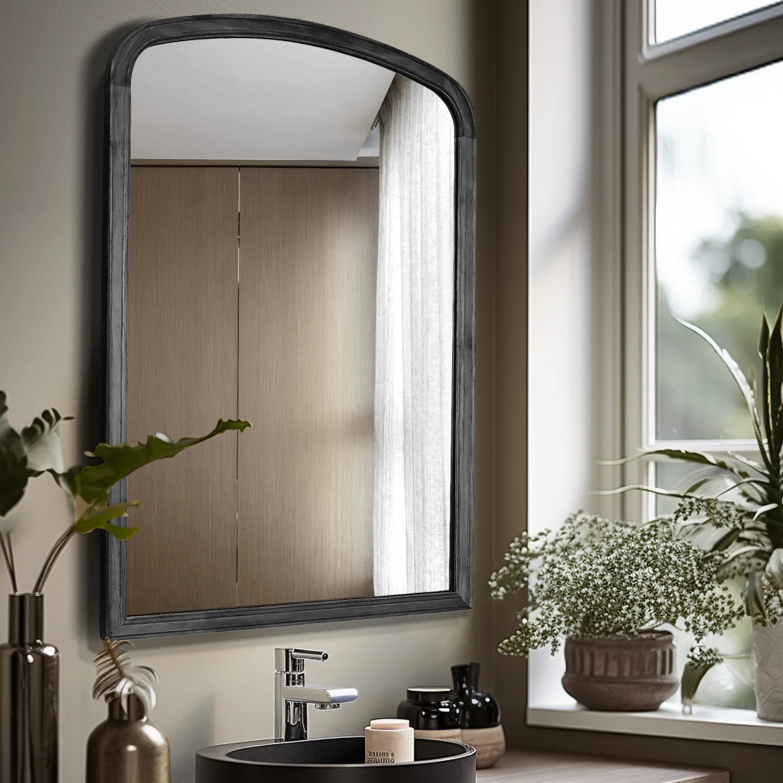 WallBeyond Wood Frame Rustic Arched Wall Mirror for Bathroom or Living Room Wall Decor, 24" �� 36", Natural Wood