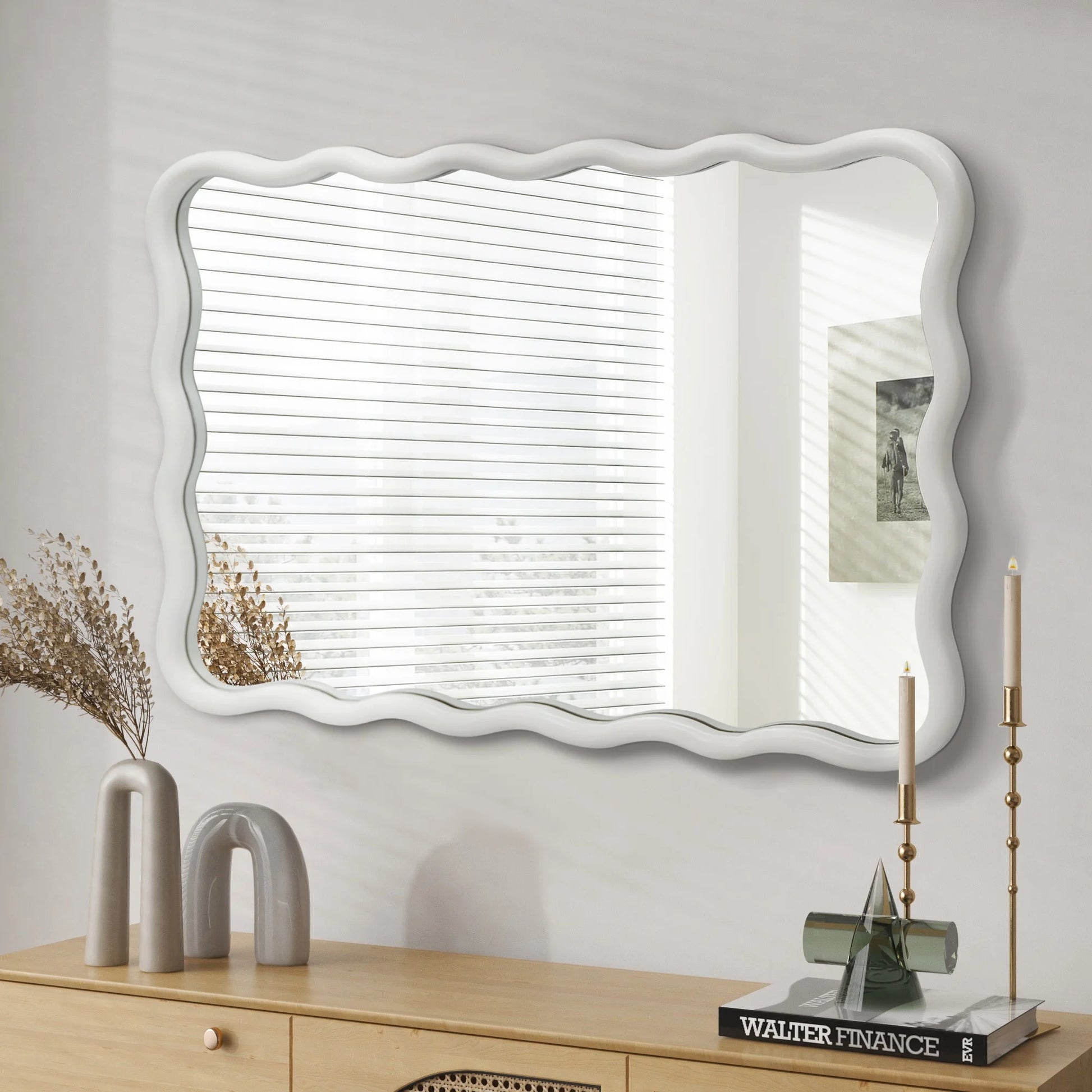 TEWLOSS Wavy Mirrors Wall Mirror, 30"x20" Bathroom Mirror Wood Framed, White