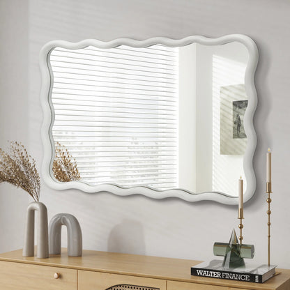 TEWLOSS Wavy Mirrors Wall Mirror, 30"x20" Bathroom Mirror Wood Framed, White