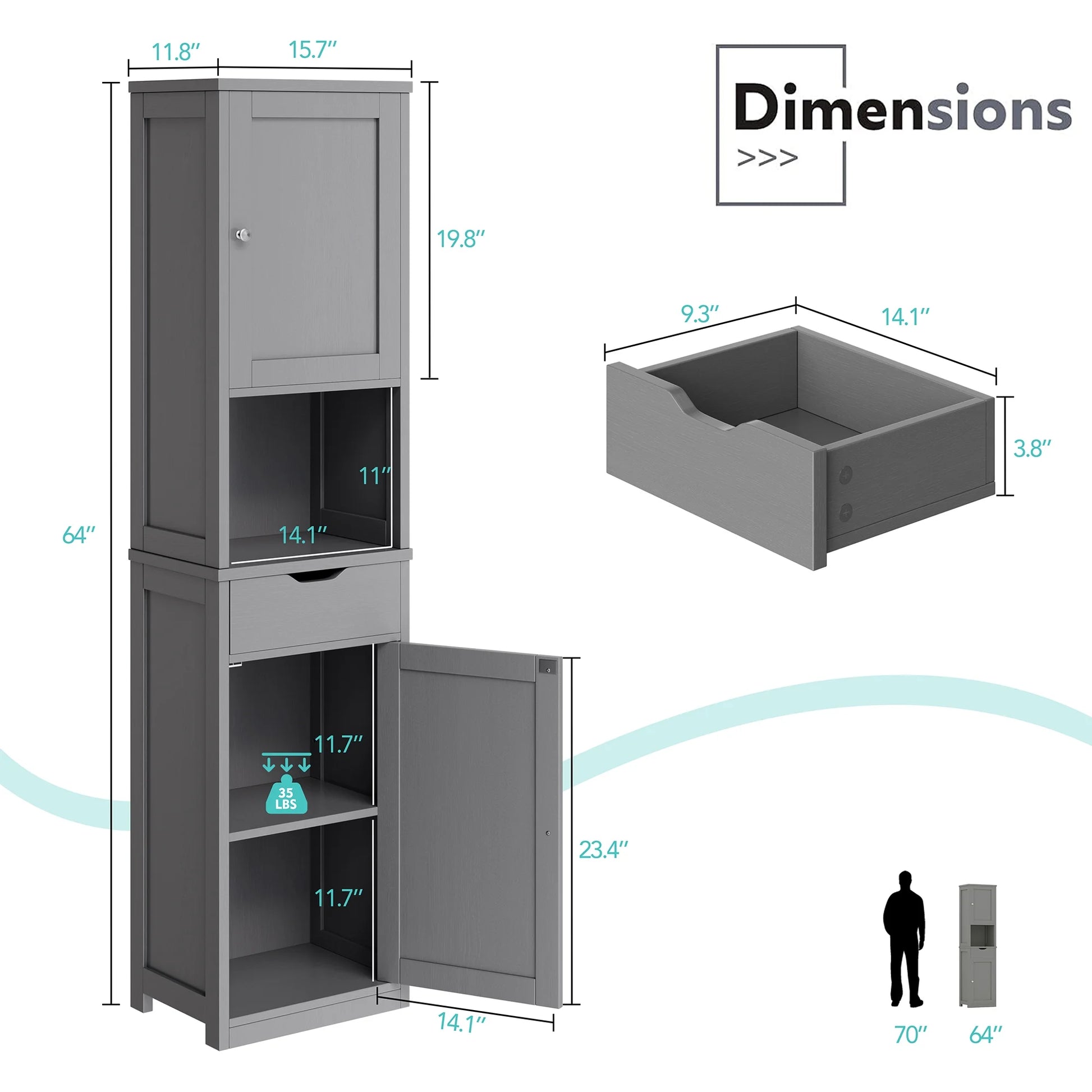Walsunny Bathroom Storage Cabinet 64" Tall Wooden Kitchen Cupboard Pantry Cabinet with Doors Shelves Drawer Black