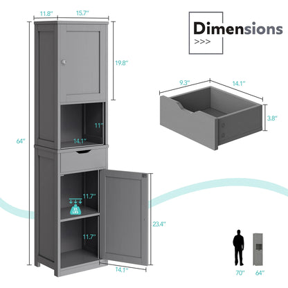 Walsunny Bathroom Storage Cabinet 64" Tall Wooden Kitchen Cupboard Pantry Cabinet with Doors Shelves Drawer Black