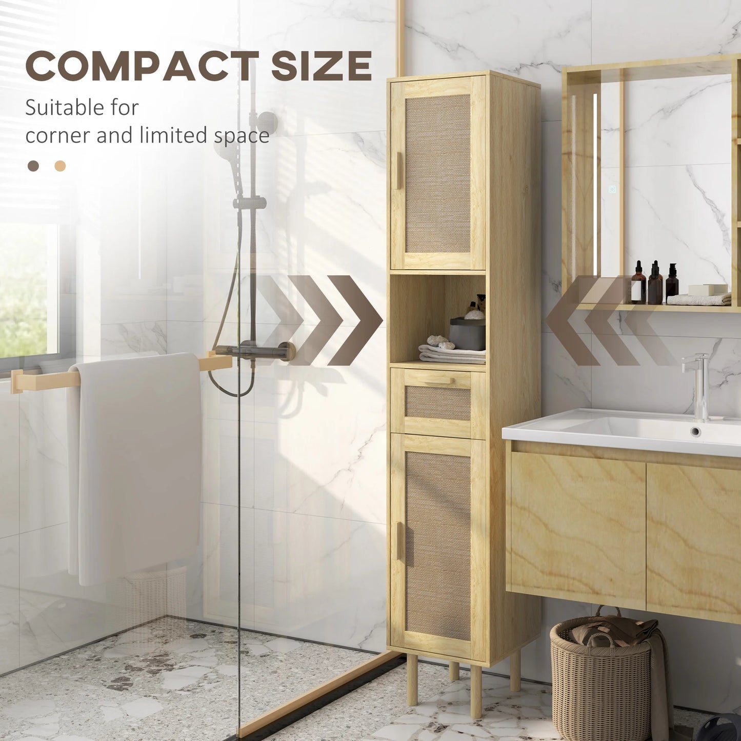 HOMCOM Tall Bathroom Storage Cabinet with Rattan Doors, Distressed Oak