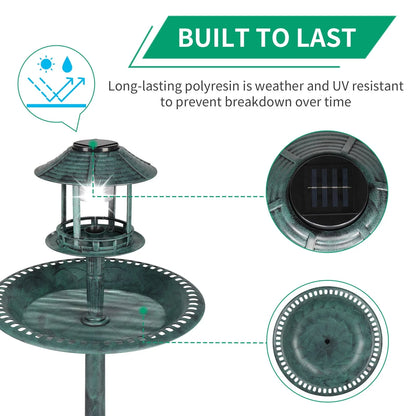 UBesGoo Bird Bath Dark Green 42 Inch w/ Solar Light Antique Copper Weather Resistant Birdbaths