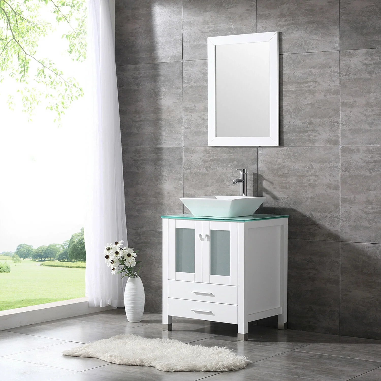 Wonline 24" Bathroom Vanity Cabinet Ceramic Sink Faucet Drain Combo w/ Mirror Set White
