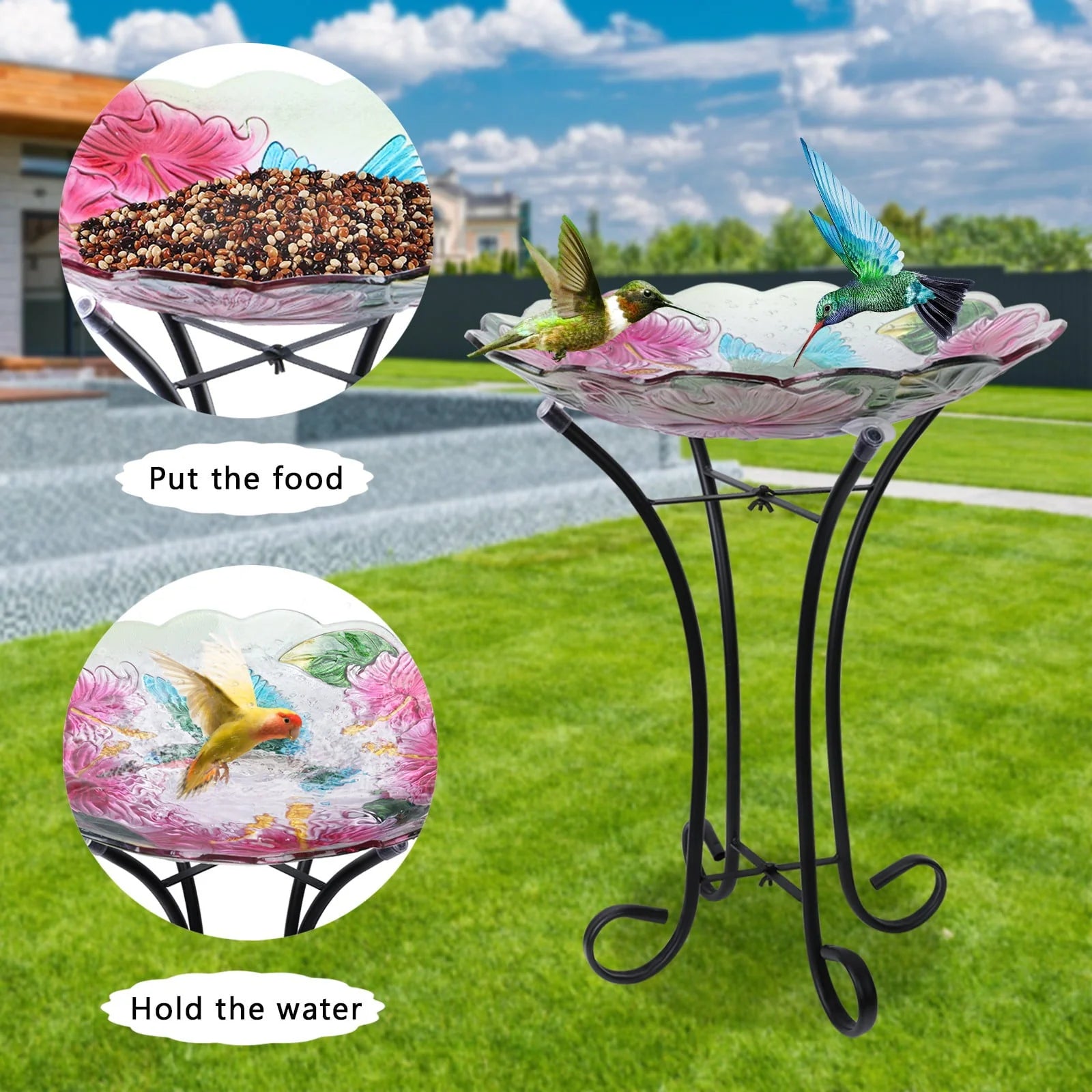 Glass Bird bath with Metal Stand for Garden, Bird Feeder 18 inch Bowl Pink Bird Bath Yard Lawn Decor