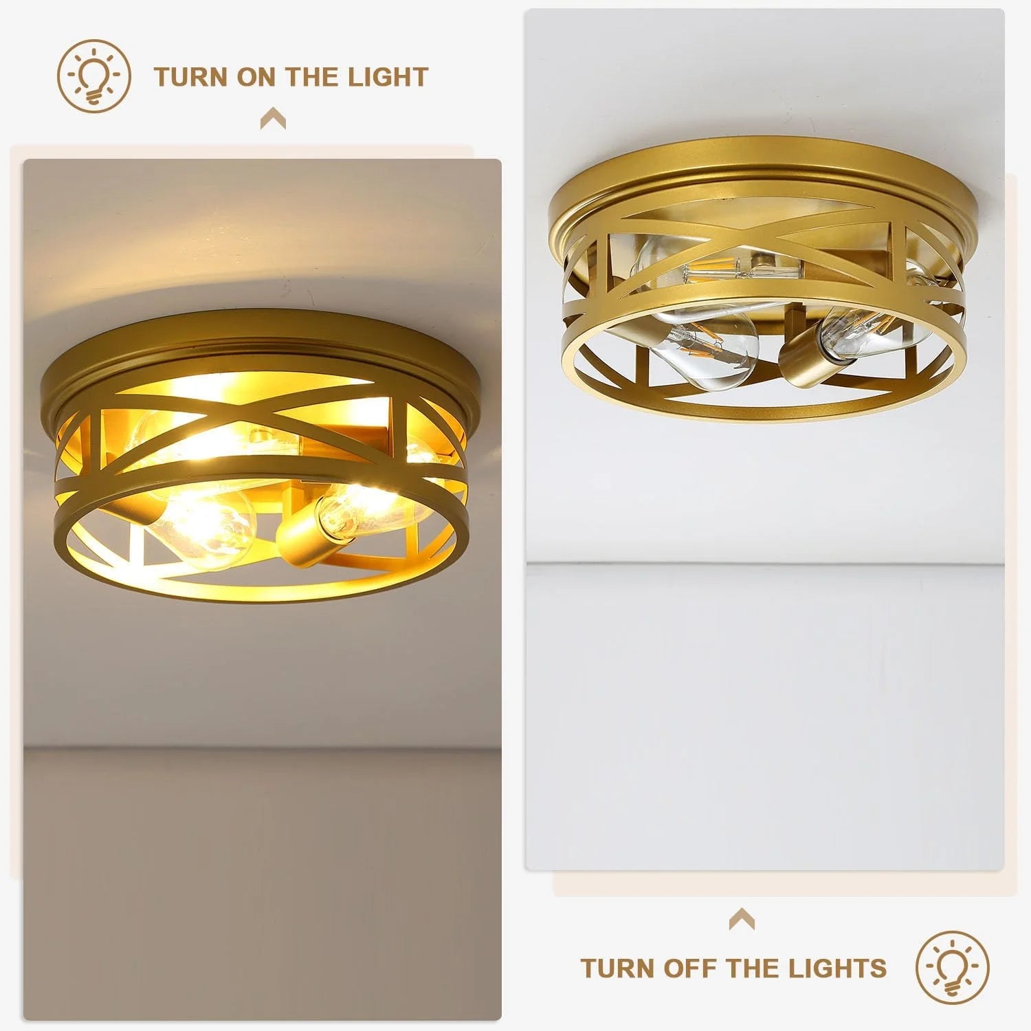 Gold Flush Mount Ceiling Light Fixture, 3-Lights Hallway Ceiling Lighting, Farmhouse Ceiling Mount Lights for Kitchen Entryway Bathroom - 2 Pack