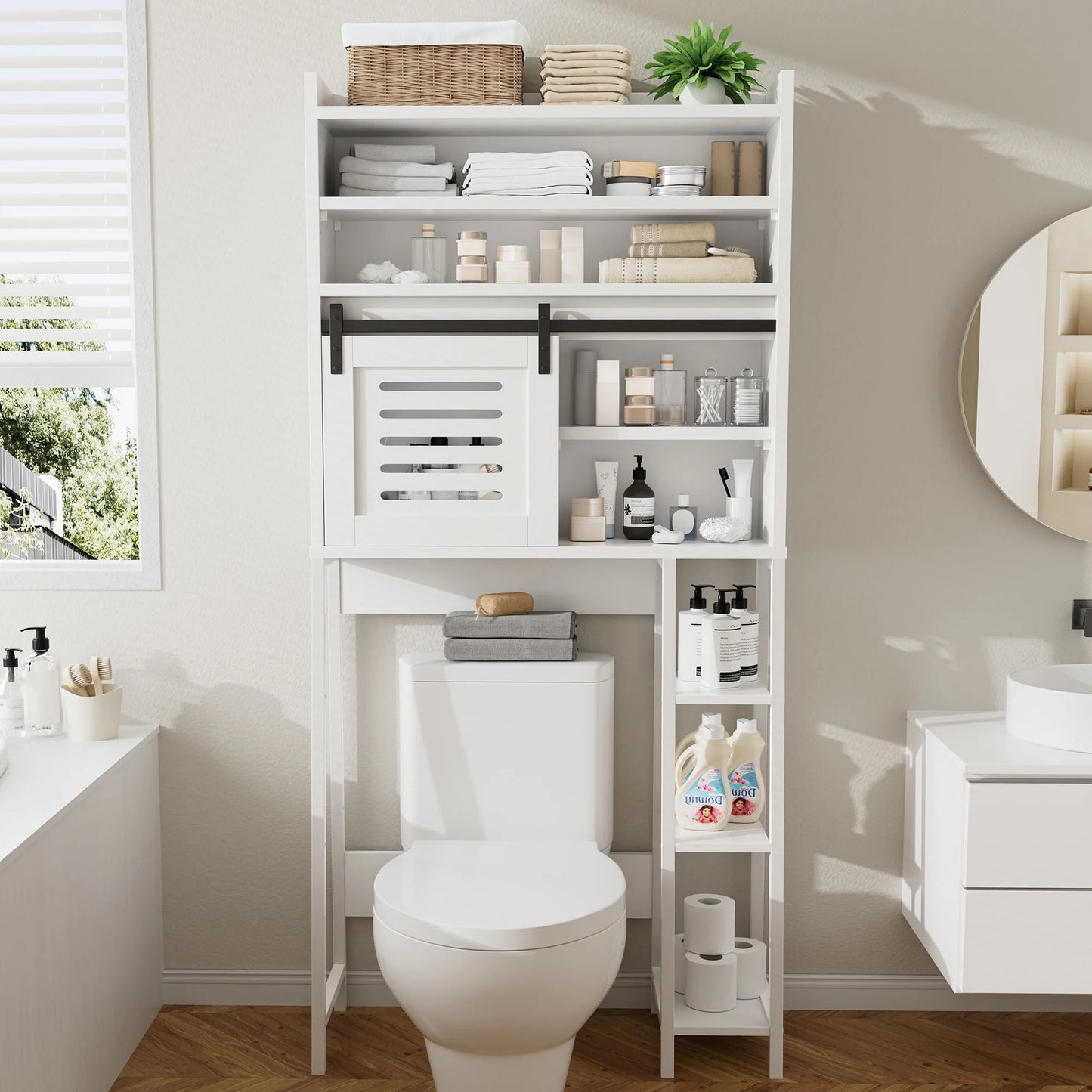 Walsunny Over the Toilet Storage Cabinet with Sliding Barn Door Side Shelves Bathroom Restroom Toilet Shelf Organizer Rack Space Saver Freestanding White