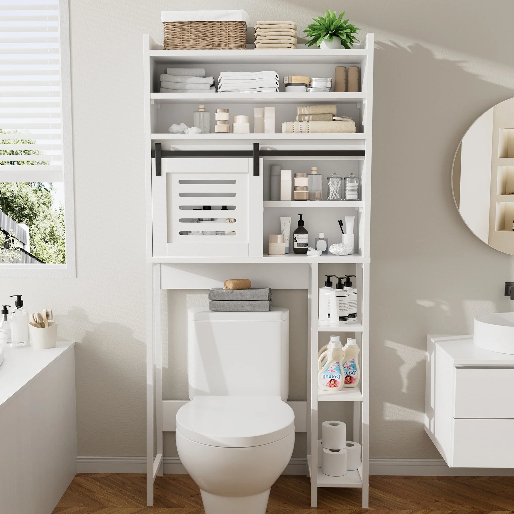Walsunny Over the Toilet Storage Cabinet with Sliding Barn Door Side Shelves Bathroom Restroom Toilet Shelf Organizer Rack Space Saver Freestanding White