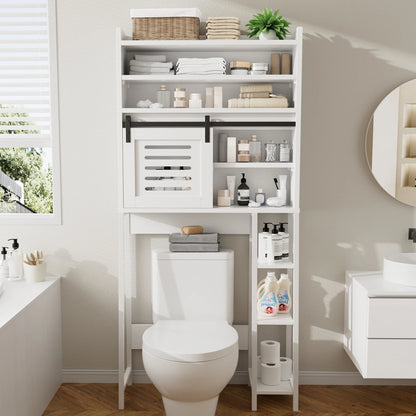 Walsunny Over the Toilet Storage Cabinet with Sliding Barn Door Side Shelves Bathroom Restroom Toilet Shelf Organizer Rack Space Saver Freestanding White