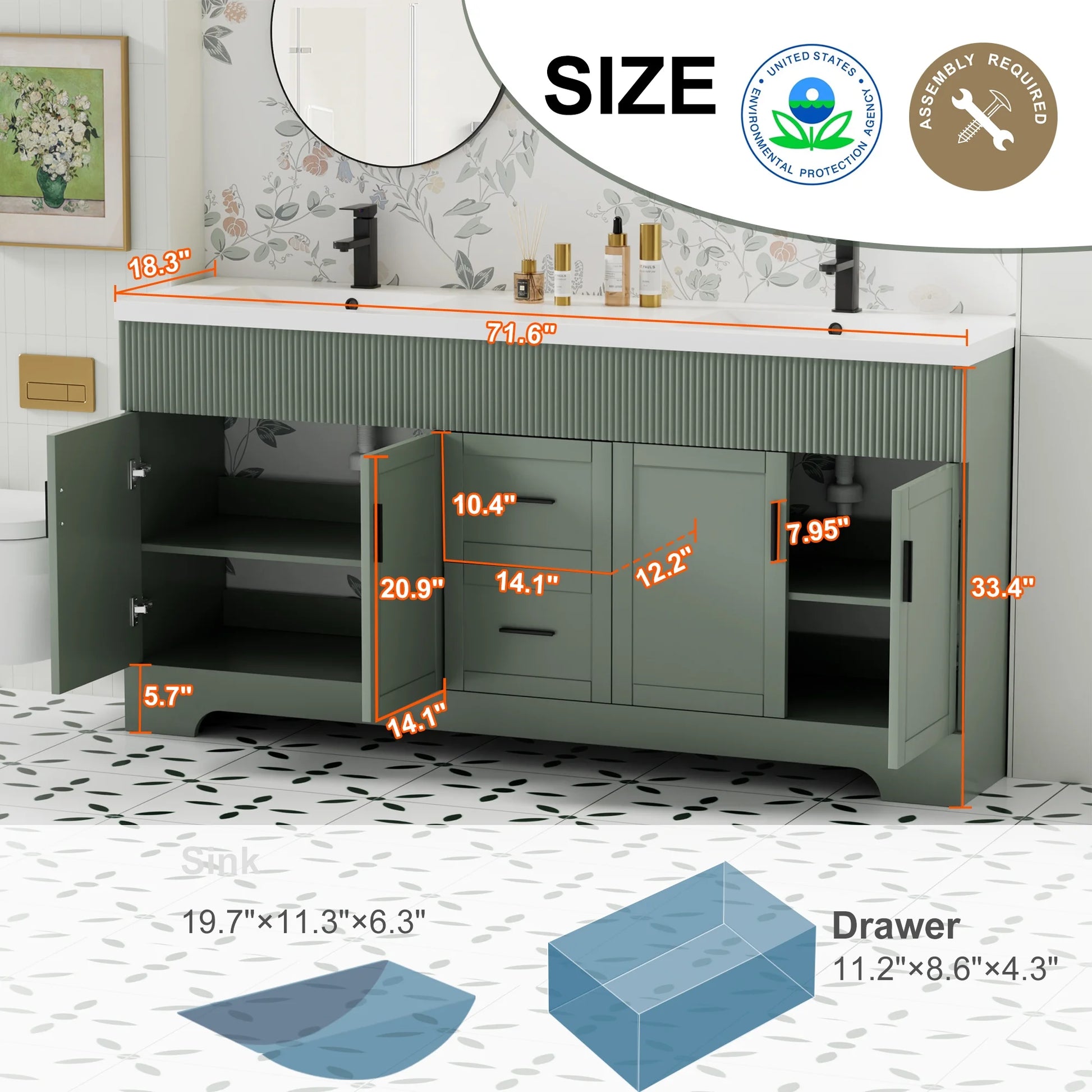 72" Freestanding Double Sink Bathroom Vanity Set With Resin Top, Hand-Painted, EPA Certificate