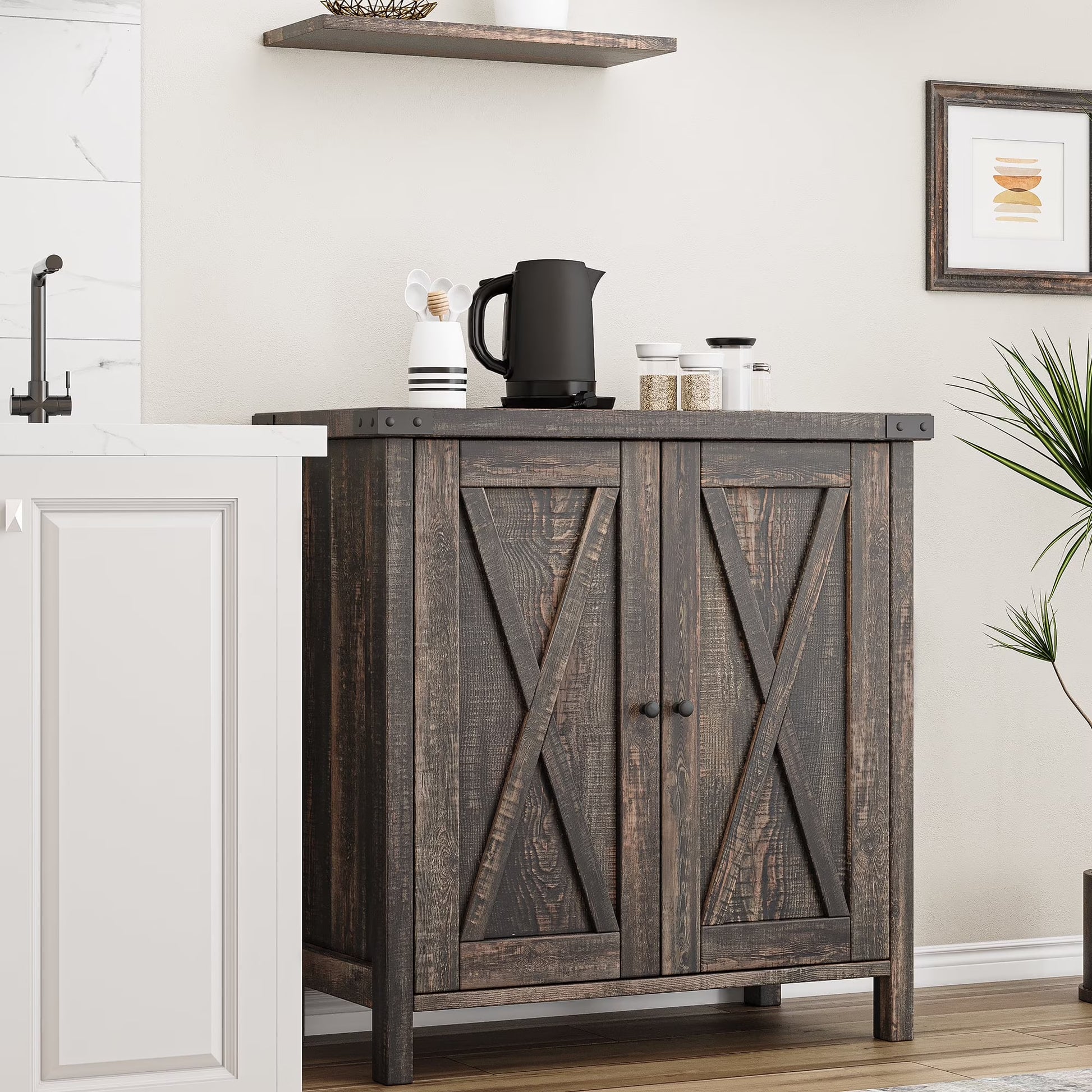 KTENME 2024 New Retro Style Coffee Bar Cabinet, Sideboard with Drawer and Adjustable Shelf, Storage Cabinet for Kitchen, Dining Room, Bathroom, Entryway