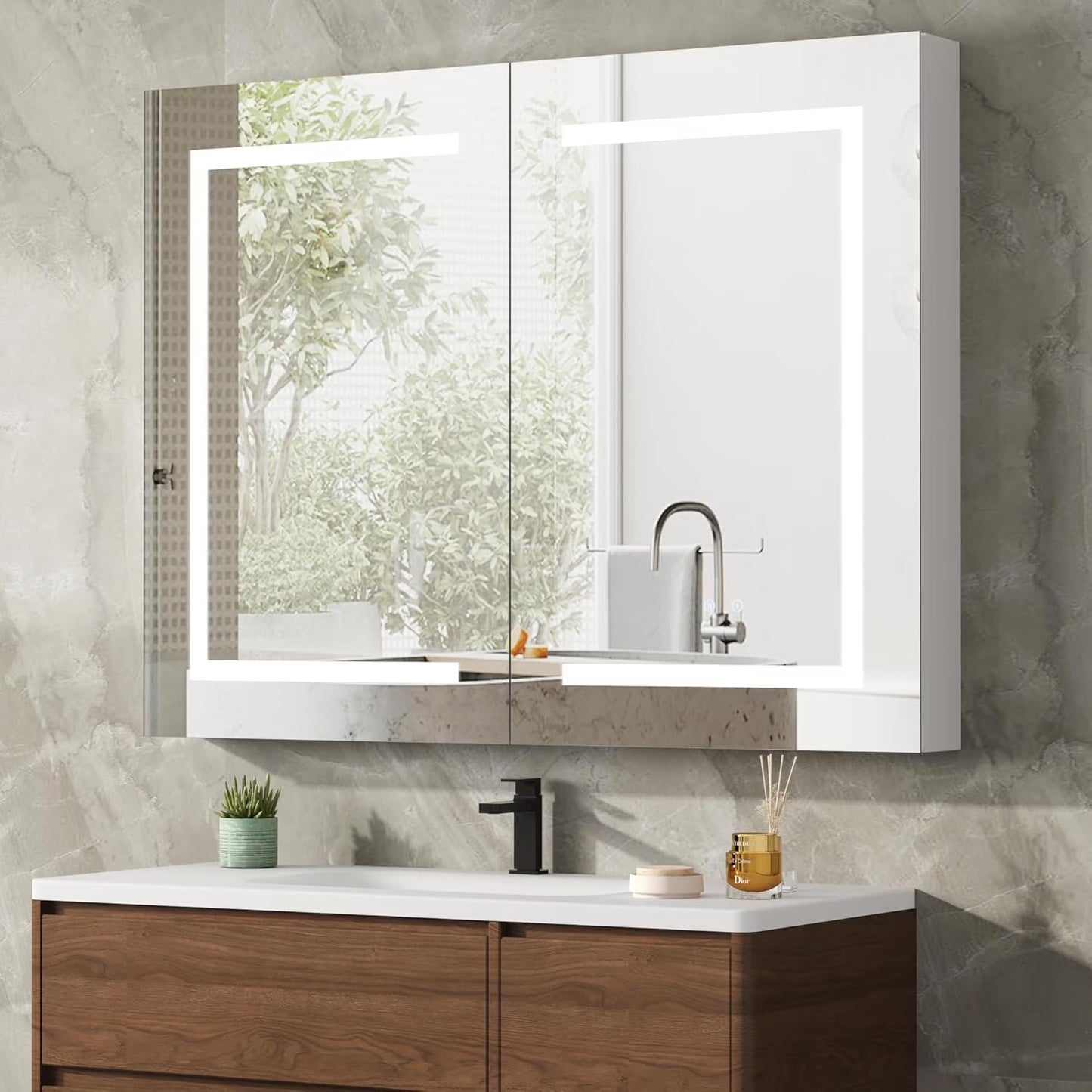 DEYGIA Medicine Cabinet with LED Mirror for Bathroom, 24''x30'' Aluminum, Wall Mounted Led Medicine Cabinet, Defog, Stepless Dimming, 3 Colors, 2 Outlets, 2USB (24'' x 30�?Single Door)