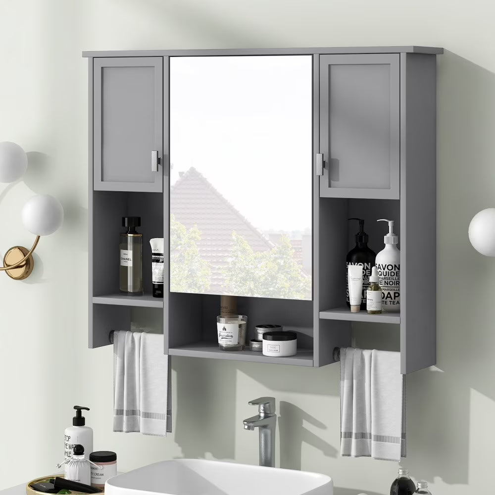 IVV Wall Mounted Bathroom Cabinet with Mirror, Modern Over The Toilet Storage Cabinet, White Medicine Cabinet Organizer with 3 Doors, 2 Towel Bars, Open Storage & Adjustable Shelves