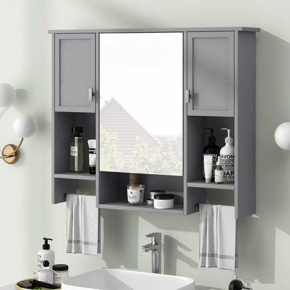 IVV Wall Mounted Bathroom Cabinet with Mirror, Modern Over The Toilet Storage Cabinet, White Medicine Cabinet Organizer with 3 Doors, 2 Towel Bars, Open Storage & Adjustable Shelves