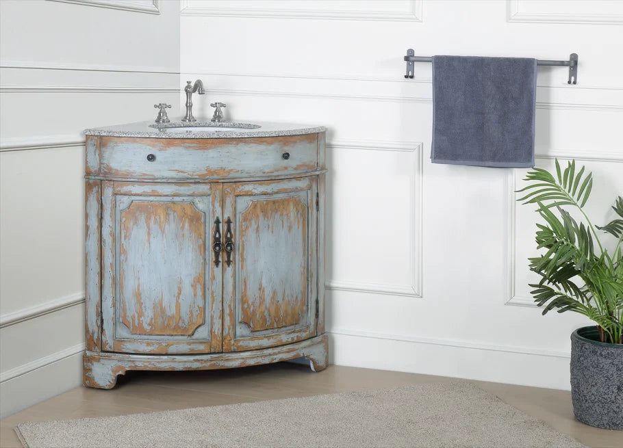 Benton Collection 24" Distressed Gray Corner Bathroom Vanity with White Quartz Top