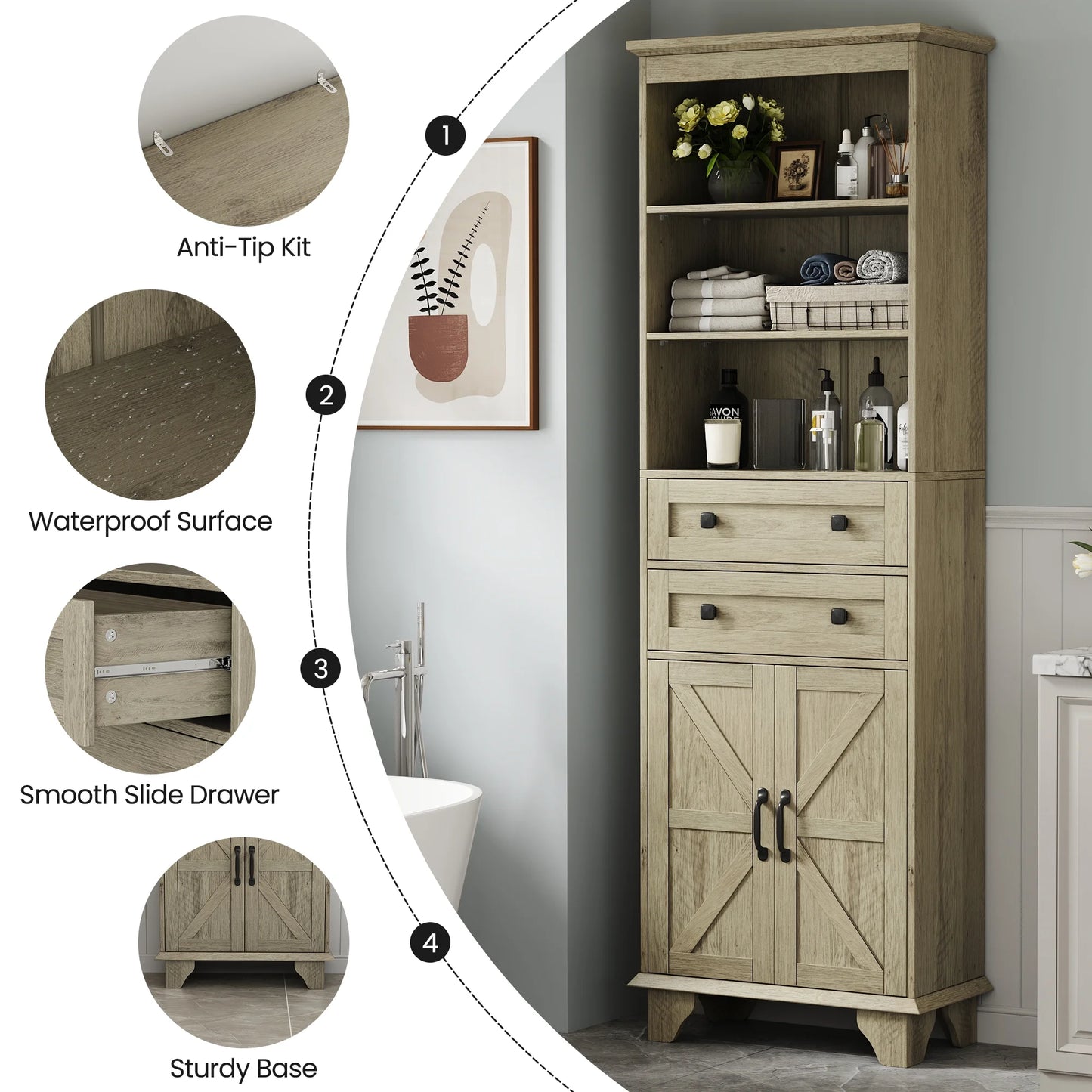 IDEALSOUL Tall Storage Cabinet, 72" Farmhouse Bathroom Storage with 2 Drawers, Adjustable Shelves & Barn Door, Cabinet for Bathroom, Living Room, Kitchen, off-White