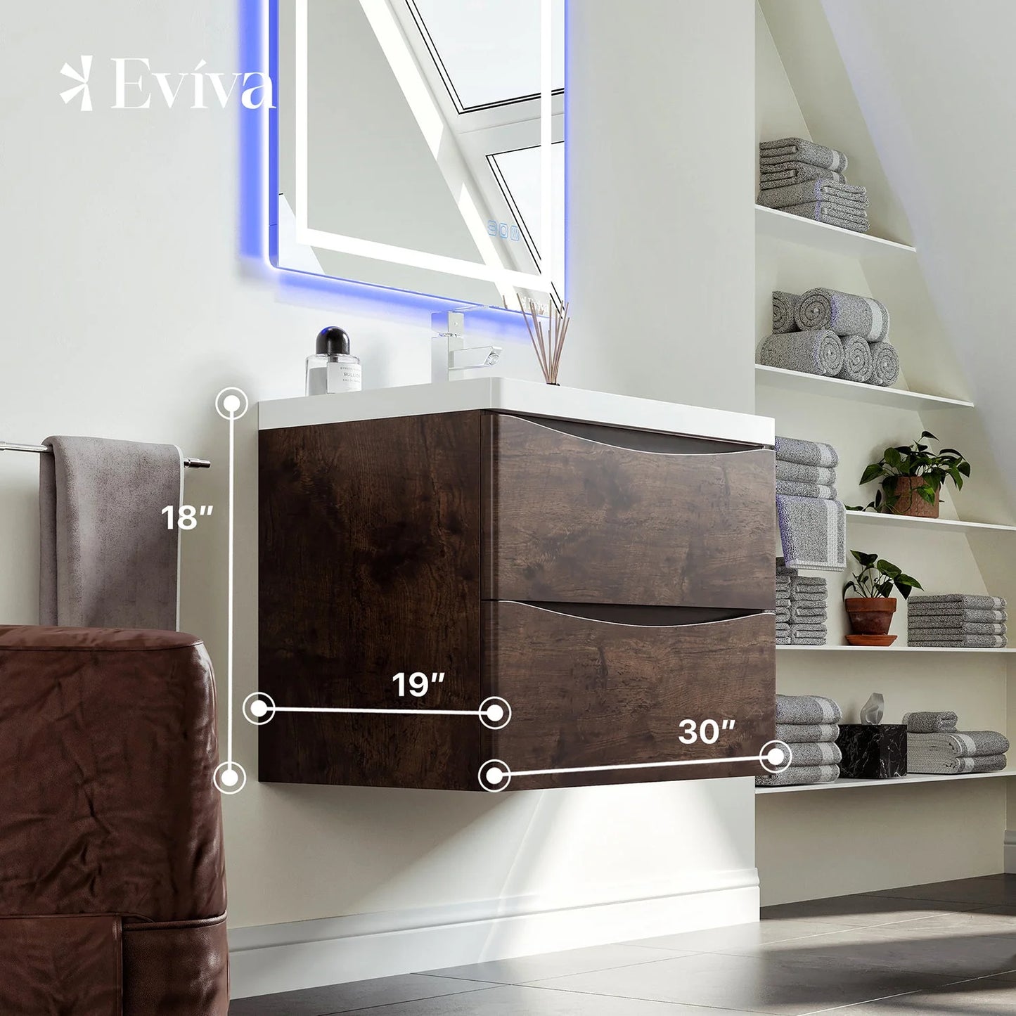 Eviva Smile 30" White Oak Wall Mount Modern Bathroom Vanity w/ White Integrated Top