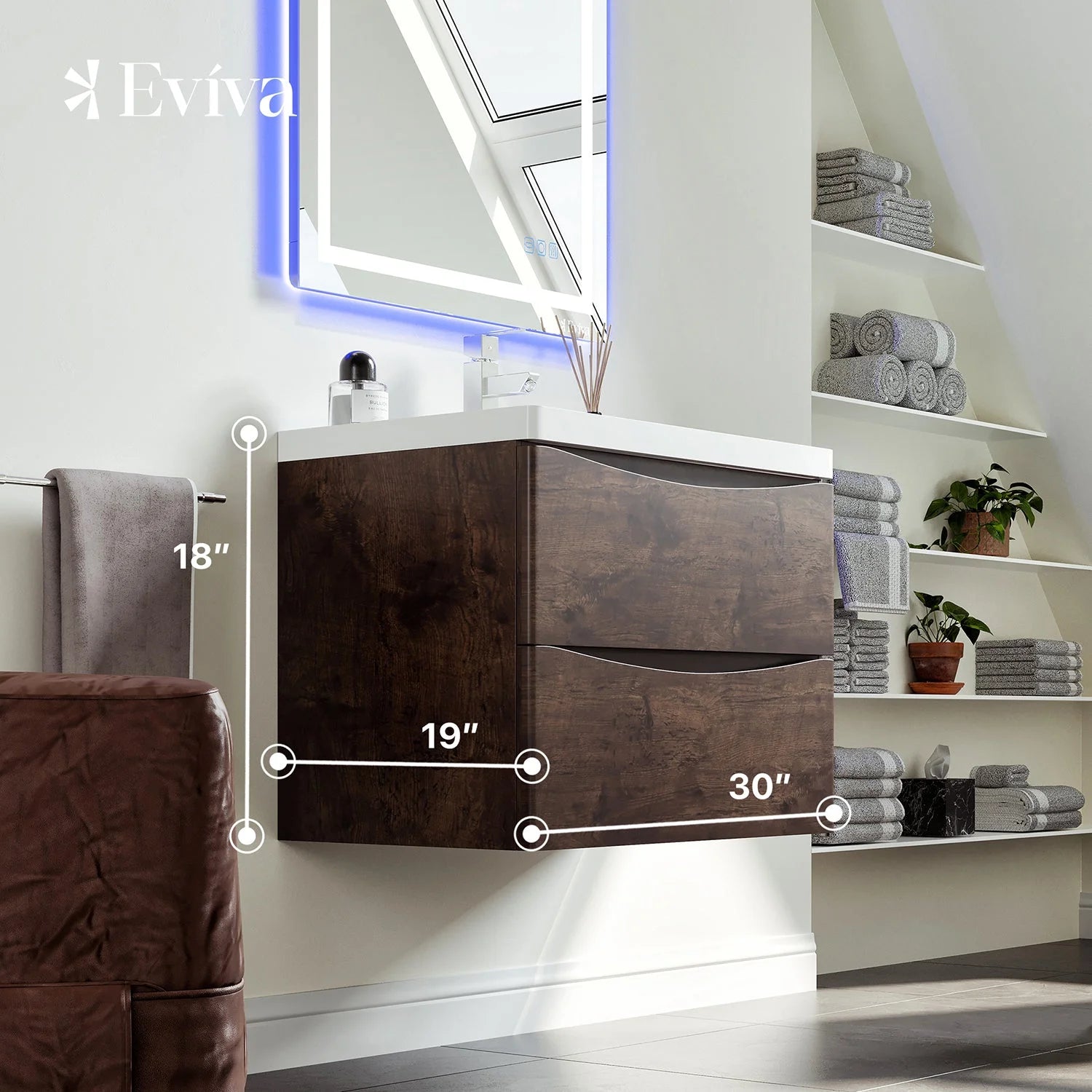 Eviva Smile 30" White Oak Wall Mount Modern Bathroom Vanity w/ White Integrated Top