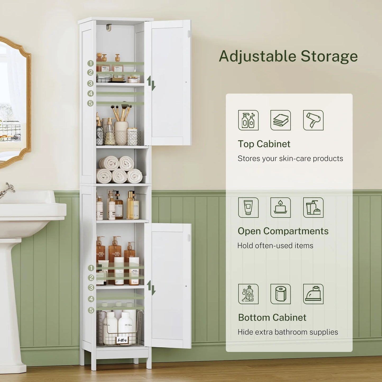 67" Tall Bathroom Cabinet with Adjustable Shelves and Doors, Bathroom Storage Cabinet for Small Space, Living Room, Entryway, Kitchen, White