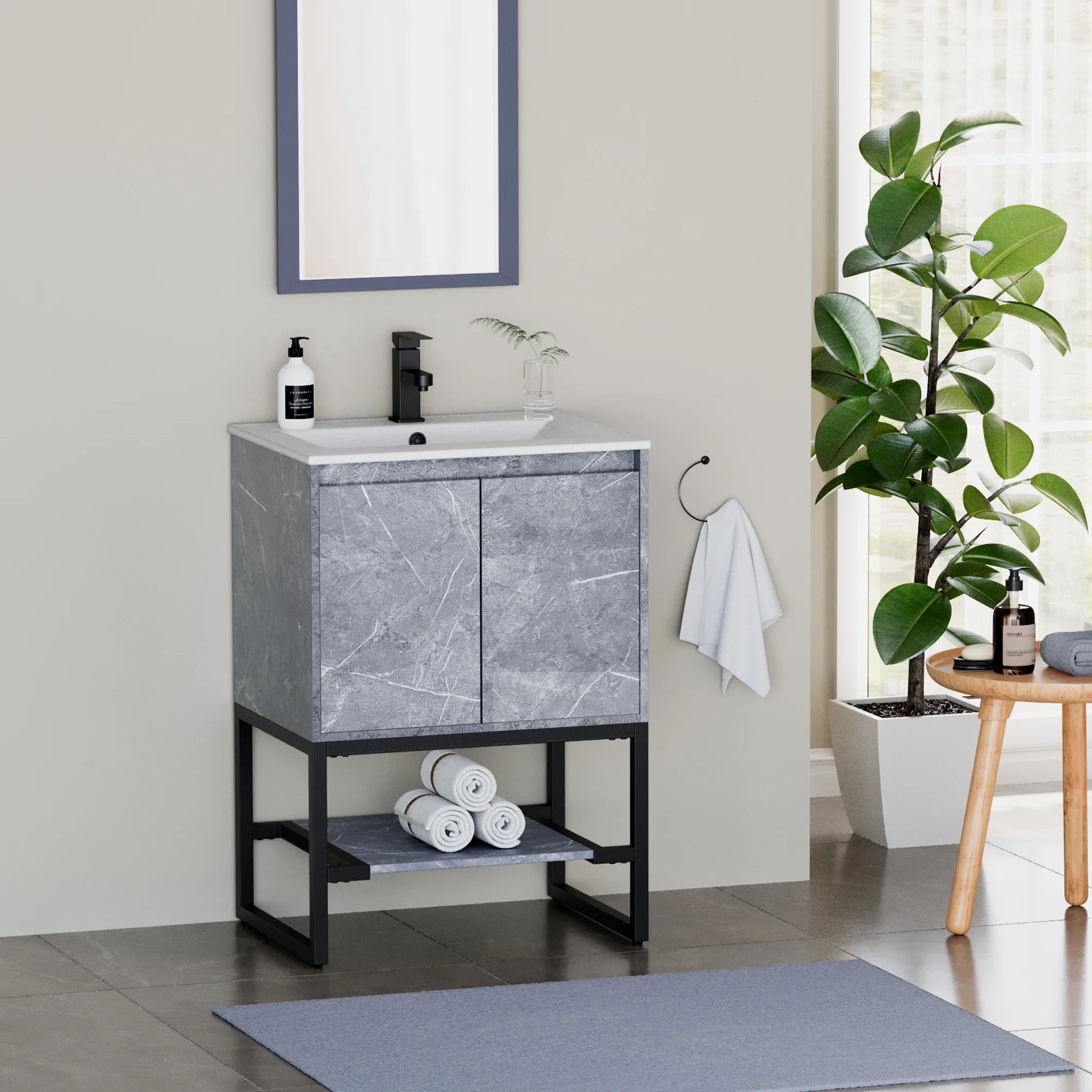 Eclife 24 Inch Freestanding Bathroom Vanity with Drop-In Sink Top, Water Efficient Faucet, Fast Drain, Overflow with Tiny Backsplash