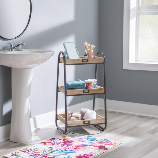 Linon Three Tiered Bath Stand, Rustic Brown, 32.5 inches Tall
