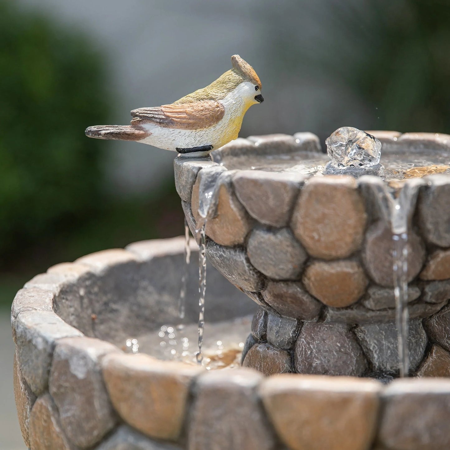 Glitzhome 2-Tier Stone-Style Outdoor Birdbath Fountain with Pump